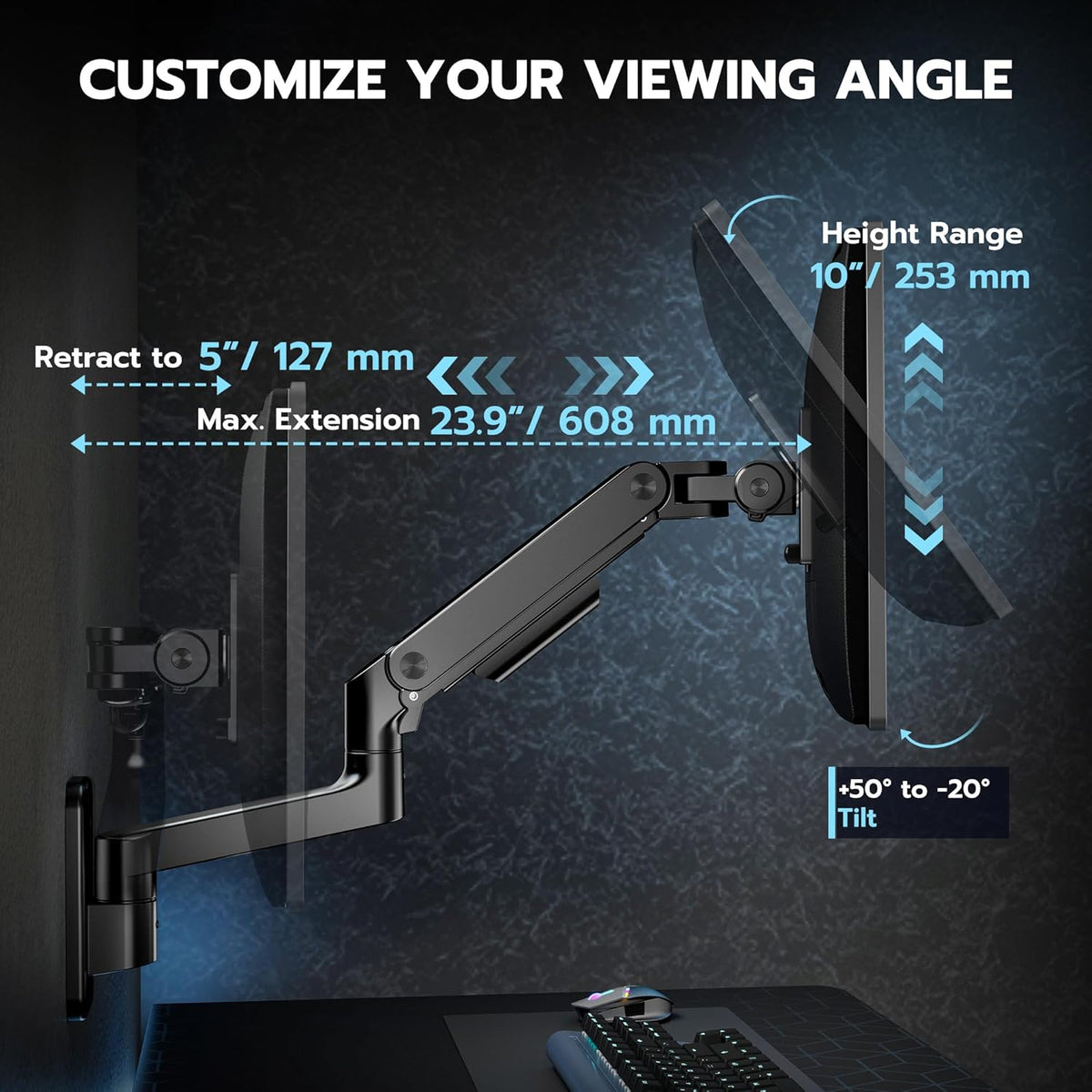 ARES WING Monitor muurbeugel voor 17-49 inch led/lcd-tv-scherm tot 20 kg, heavy duty monitorhouder, wand voor 1 beeldscherm, monitorarm, muurbevestiging met in hoogte verstelbaar, VESA 75/100, zwart
