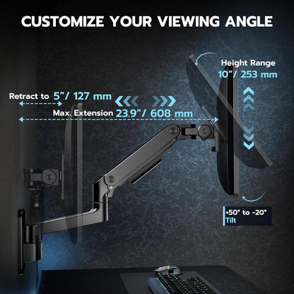 ARES WING Monitor muurbeugel voor 17-49 inch led/lcd-tv-scherm tot 20 kg, heavy duty monitorhouder, wand voor 1 beeldscherm, monitorarm, muurbevestiging met in hoogte verstelbaar, VESA 75/100, zwart