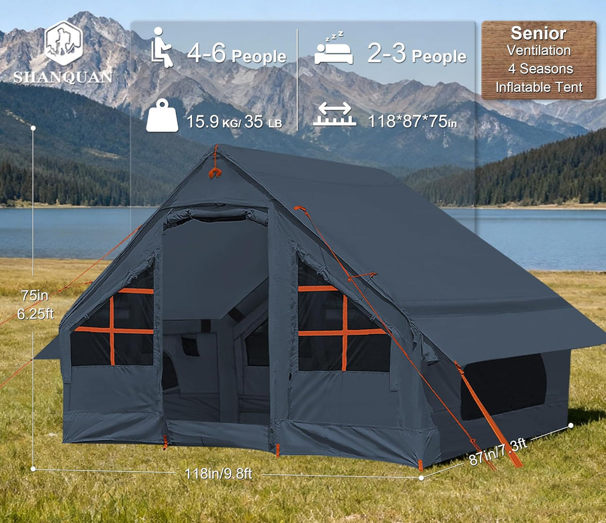SHANQUAN Opblaasbare tent met pomp, 4-6 personen, instant glamping kampeertenhuis, eenvoudige installatie, opblazende familietenten voor 4 seizoenen, waterdichte opblaasbare tent voor kamperen met