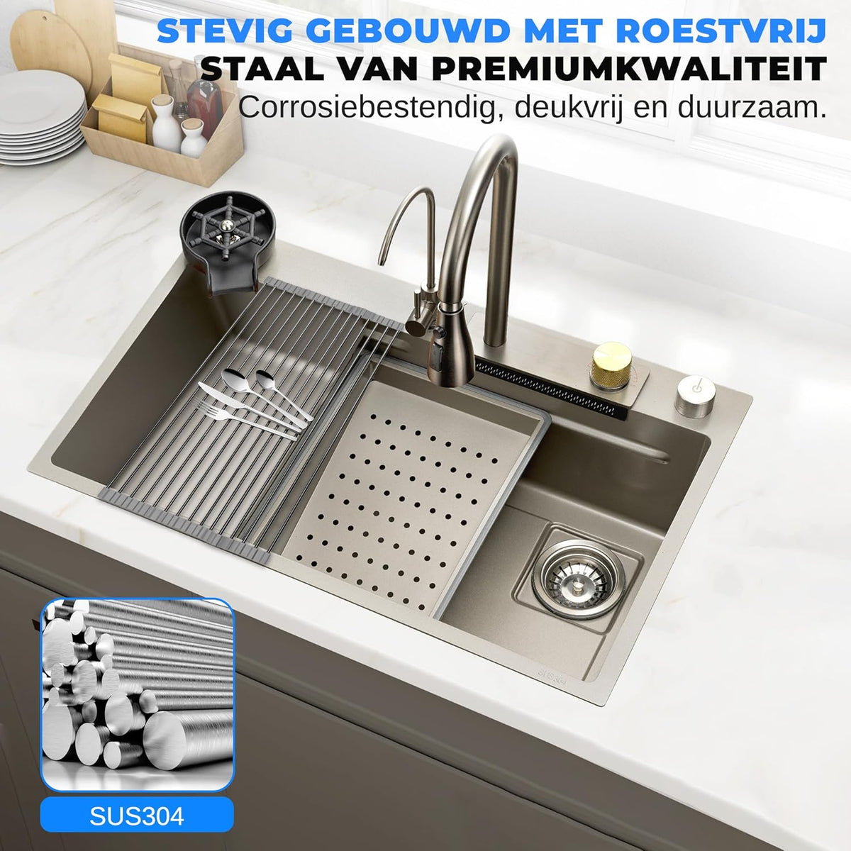 SereneLife Stainless Steel Kitchen Sink – Undermount & Surfaced, 13 Gauge, 76 x 46 x 23 cm, Includes Faucet, Stainless Steel Racket, Strainer Basket, Cutting Board & Cup Cleaner, Grey - QUORE