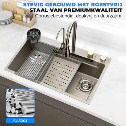 SereneLife Stainless Steel Kitchen Sink – Undermount & Surfaced, 13 Gauge, 76 x 46 x 23 cm, Includes Faucet, Stainless Steel Racket, Strainer Basket, Cutting Board & Cup Cleaner, Grey - QUORE
