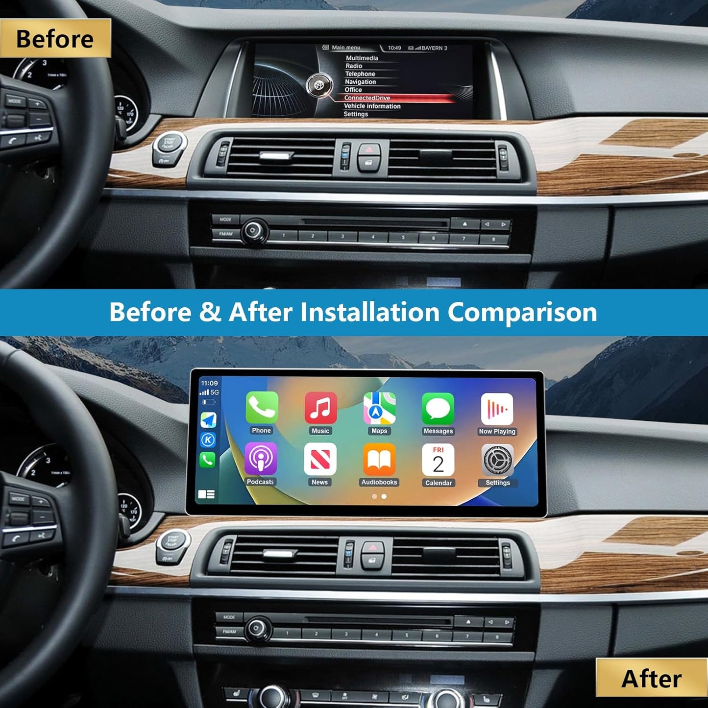 Ninetom 12,3'' autoradio, Apple CarPlay/Android Auto/Mirrorlink/GPS voor 2012-2016 BMW 5 Serie F10/F11 met NBT touchscreen autoradio, GPS-navigatie voor auto, geïntegreerde DSP
