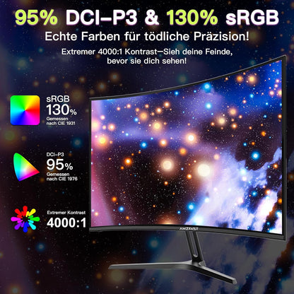 Amzfast Gaming Monitor Curvo 27'' 180 Hz, 1 ms MPRT, AMD FreeSync Premium, HDR10, DCI-P3 90%, Anti-Flicker/Glare, Low Blue Light, 1500R, VESA-bevestiging, HDMI/DP, met HDMI-kabel, AMZG27C1