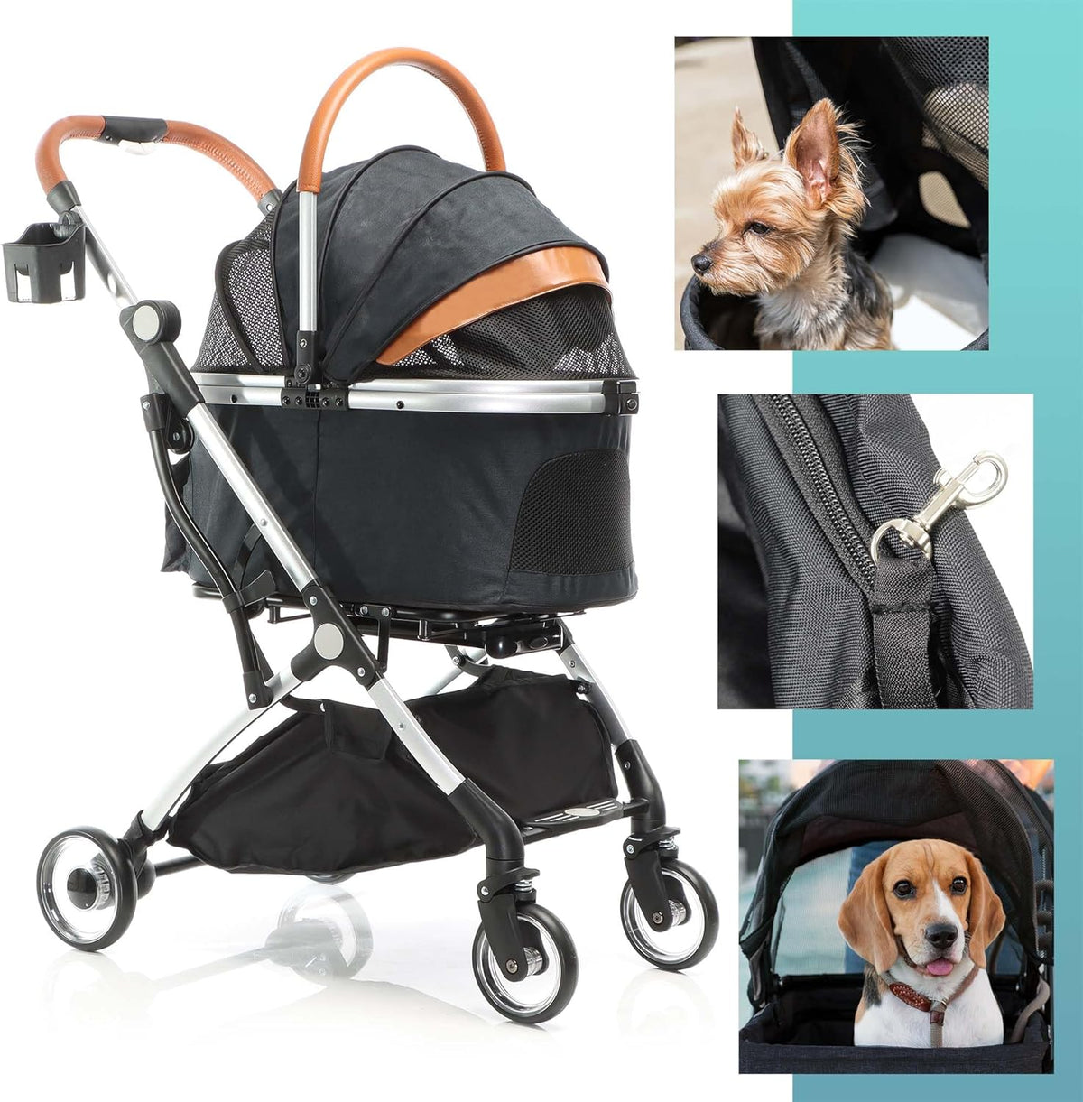Fudajo hondenwagen 2-in-1 hondenbuggy inklapbaar zwart huisdierwagen honden met mand en plank
