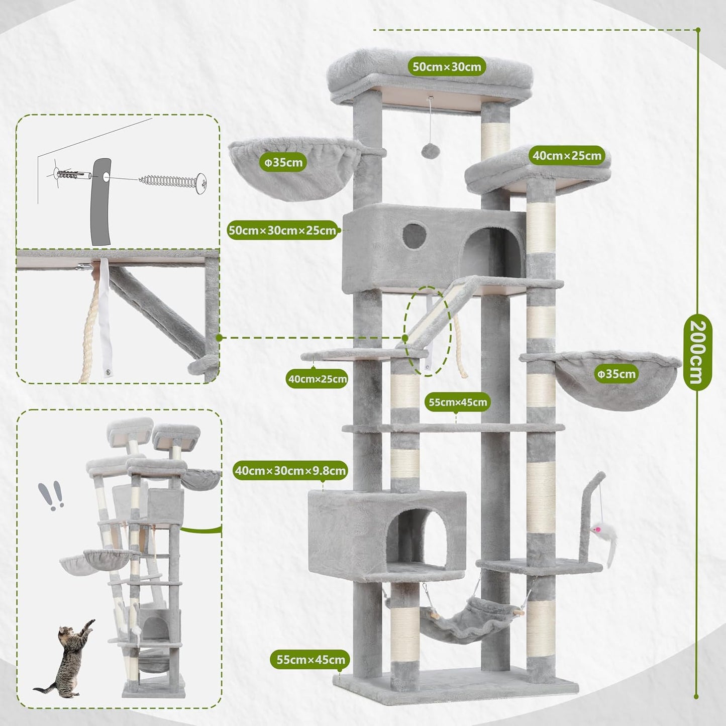 Krabpaal groot, kattenboom grote katten stabiel voor binnen, 200 cm kattenkrabpaal met ruime platforms, kattenholen, hangmat, sisalzuilen, lichtgrijs GCT031W
