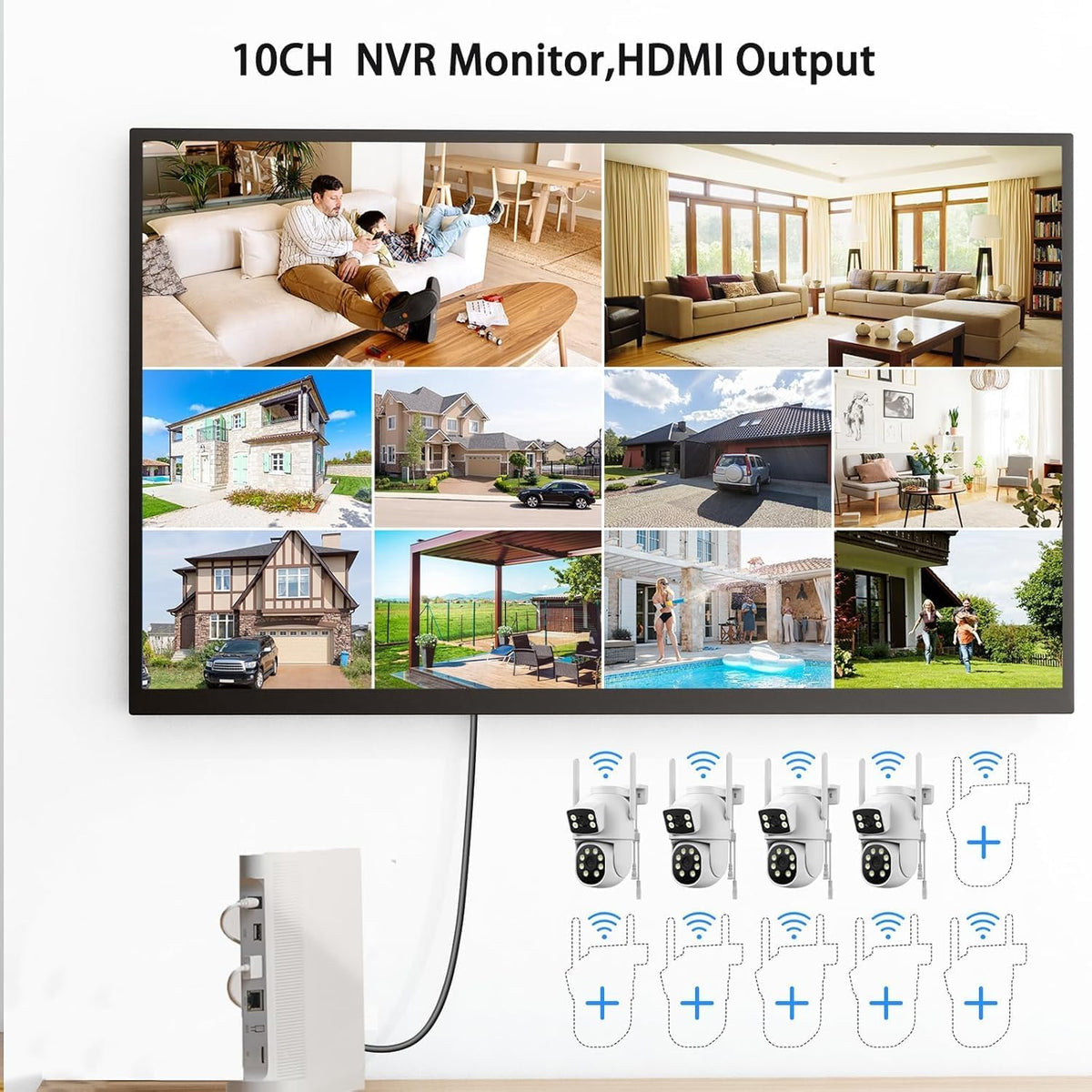 Draadloze CCTV Bewakingscamera Set – Wifi Beveiligingssysteem – Thuiscamera – PTZ Camera – Buitencamera – 2-weg Audio – Dubbele Lens & Scherm – 10-kanaals NVR Met 500 GB HDD – 2K Kleuren Nachtzicht – Automatische Bewegingsdetectie