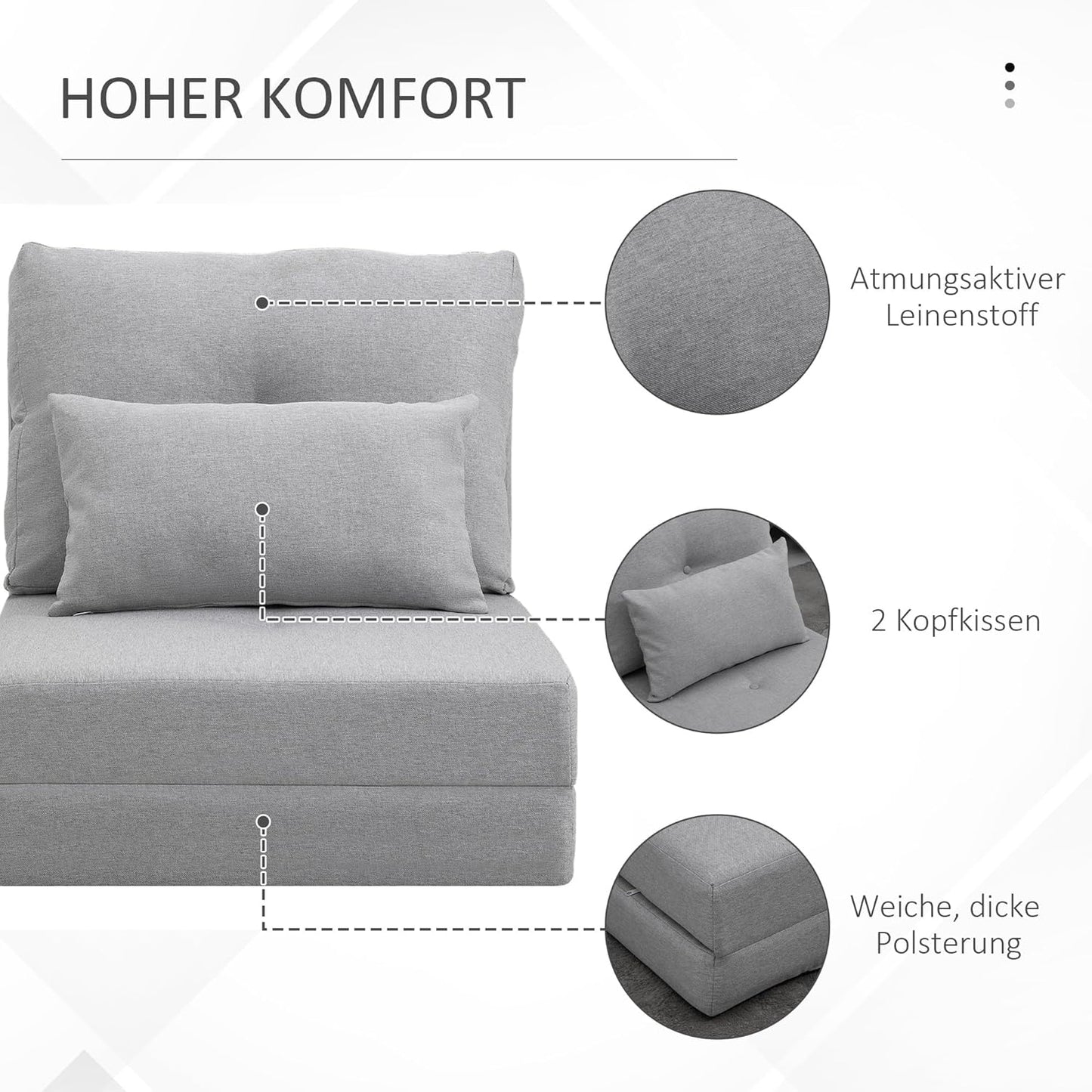 HOMCOM Bodensessel 2-in-1 Klappbett mit verstellbarer Rückenlehne Bodensofa mit Zierkissen, Bodensitzkissen für Wohnzimmer, Schlafzimmer, Leinen, Grau - QUORE