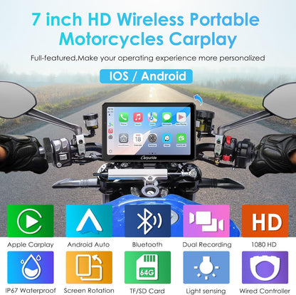Motorfiets Carplay Scherm – Motor GPS Display – Motor Touchscreen – Draadloze Smartphone Integratie – Motor Dashcam Systeem – 7 Inch Waterdicht IPS Touchscreen – Dubbele 1080P HD Dashcams Voor en Achter