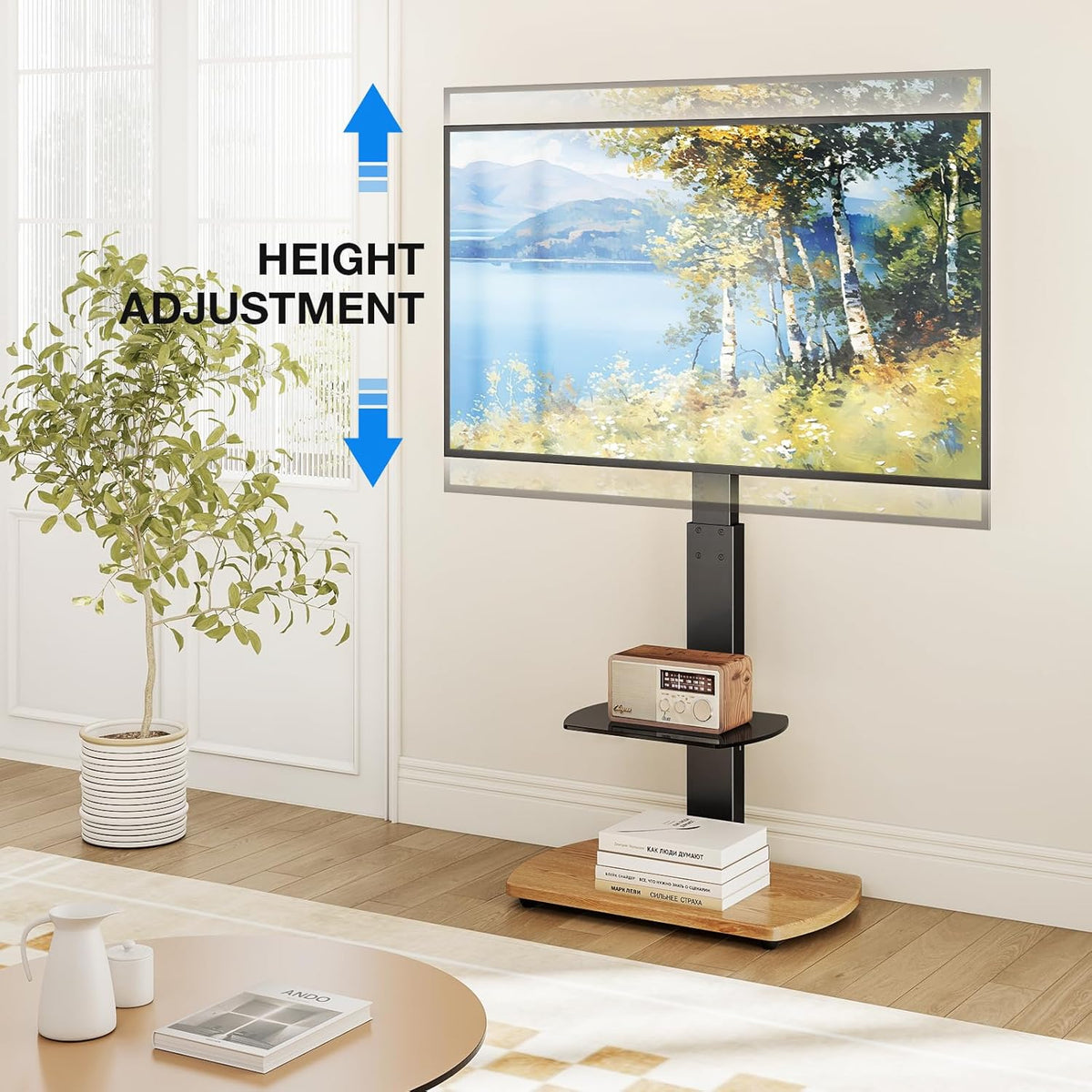 TTAP TV-standaard voor 32-65 inch tv's met eiken voet en enkel glazen plank/met draaibare en in hoogte verstelbare montagebeugel (OAK)