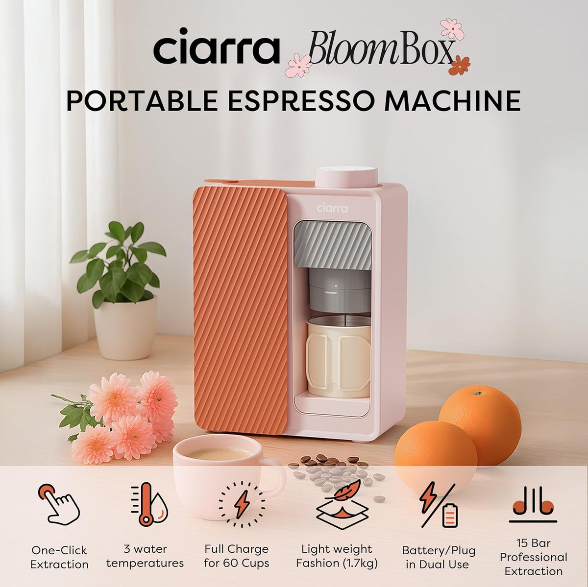 CIARRA CBPCM551-P BloomBox Draagbare Espressomachine Mini Koffiezetapparaat 15 Bar Zelfverwarmend Best Portable Espresso Maker Geschikt voor Camping Reizen Roze