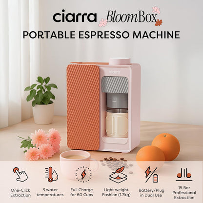 CIARRA CBPCM551-P BloomBox Draagbare Espressomachine Mini Koffiezetapparaat 15 Bar Zelfverwarmend Best Portable Espresso Maker Geschikt voor Camping Reizen Roze