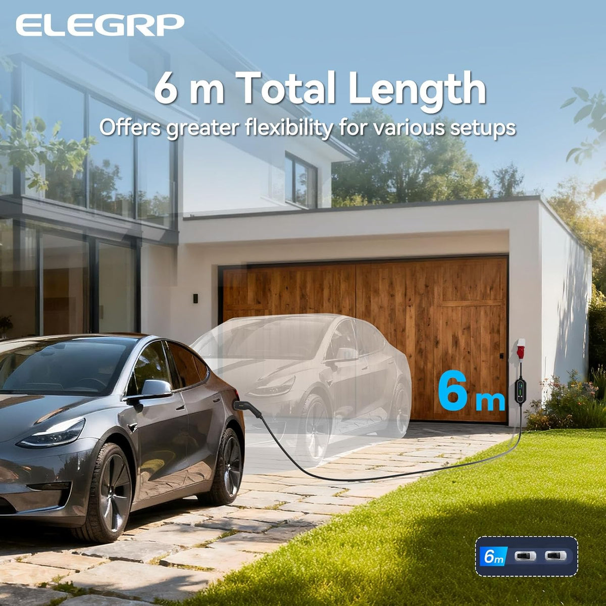 ELEGRP 11 kW mobiele Wallbox met type 2-oplaadkabel, driefasige oplader voor elektrische voertuigen, instelbaar van 6 tot 16 A, 6 m kabel, IP67 waterdicht, mobiel laadstation IEC 62196-2