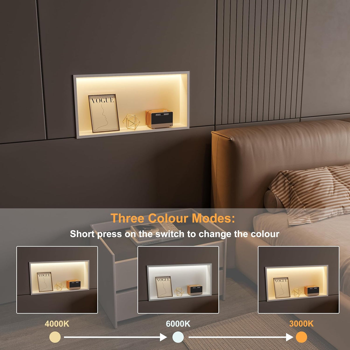 Wandnis douche roestvrij staal met LED-licht, ingebedde douchebak 60x30cm met 3 kleuren voor badkameropslag en decoratie, wit