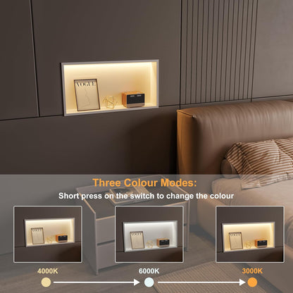 Wandnis douche roestvrij staal met LED-licht, ingebedde douchebak 60x30cm met 3 kleuren voor badkameropslag en decoratie, wit