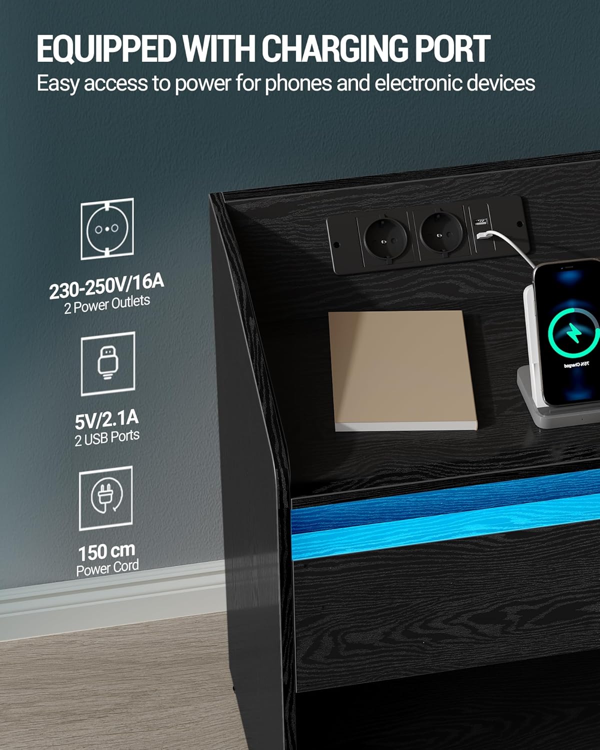Hzuaneri Bedside Table Set of 2 with LED Light, Bedside Table with Charging Dock, 1 Storage Drawer for Bedroom, Living Room, 2 USB Ports, 2 Power Outlets, Open Compartment Black NS09104X