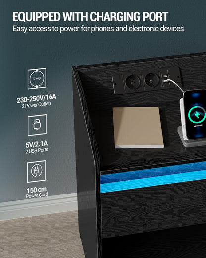 Hzuaneri Bedside Table Set of 2 with LED Light, Bedside Table with Charging Dock, 1 Storage Drawer for Bedroom, Living Room, 2 USB Ports, 2 Power Outlets, Open Compartment Black NS09104X