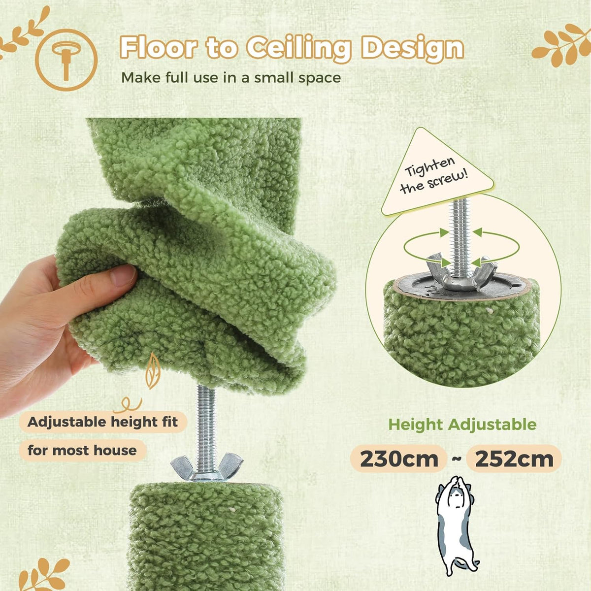 PAWZ Road High Cat Tree Floor to Ceiling Cat Tower Cactus with Adjustable Height (230-252cm), Cat Climbing Activity Center with Scratching Posts, Apartment, Cozy Hammock and Dangling Balls for - QUORE