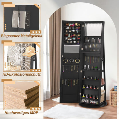 Spiegelkast Sieradekast – Sieradenopberger – Make-upkast – Draaibare Spiegel – Wit – 360° Rotatie – LED-Verlichting – Slot En Sleutels – 161x54,5x10 cm