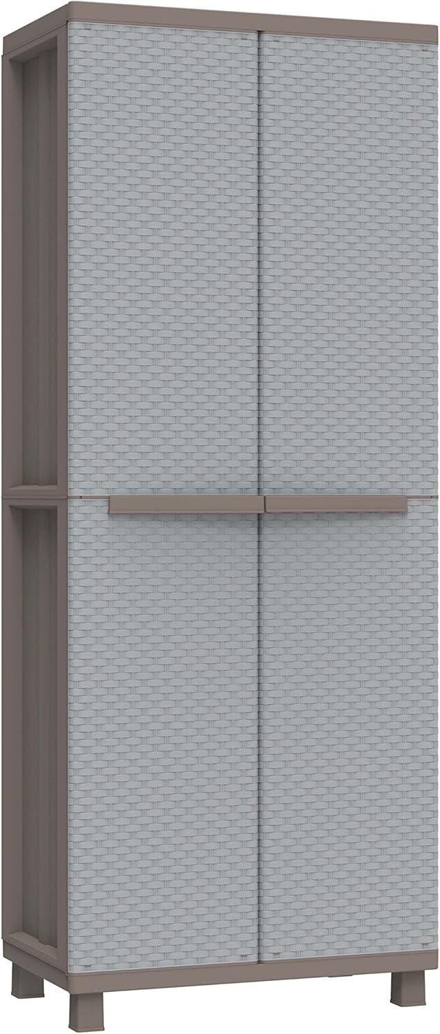 Terry, Jrattan 368 Upholstery Cabinet with Two Doors in Rattan Look, Inner Shelf with 4 Shelves, for Indoor and Outdoor Use, Pigeon Grey - 68 x 37.5 x 170 cm - QUORE