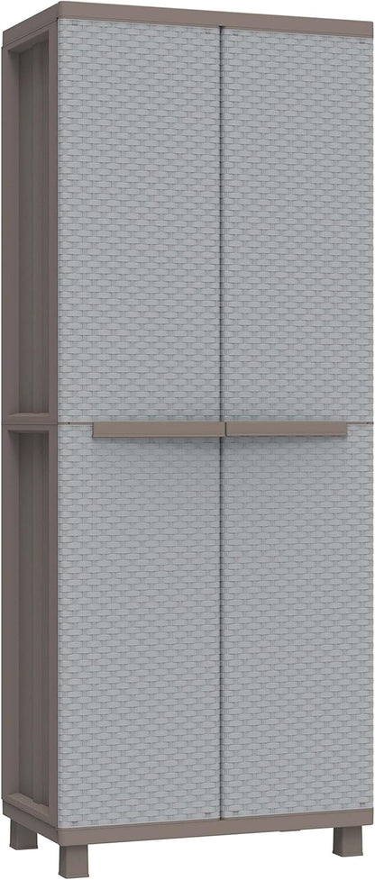 Terry, Jrattan 368 Upholstery Cabinet with Two Doors in Rattan Look, Inner Shelf with 4 Shelves, for Indoor and Outdoor Use, Pigeon Grey - 68 x 37.5 x 170 cm - QUORE