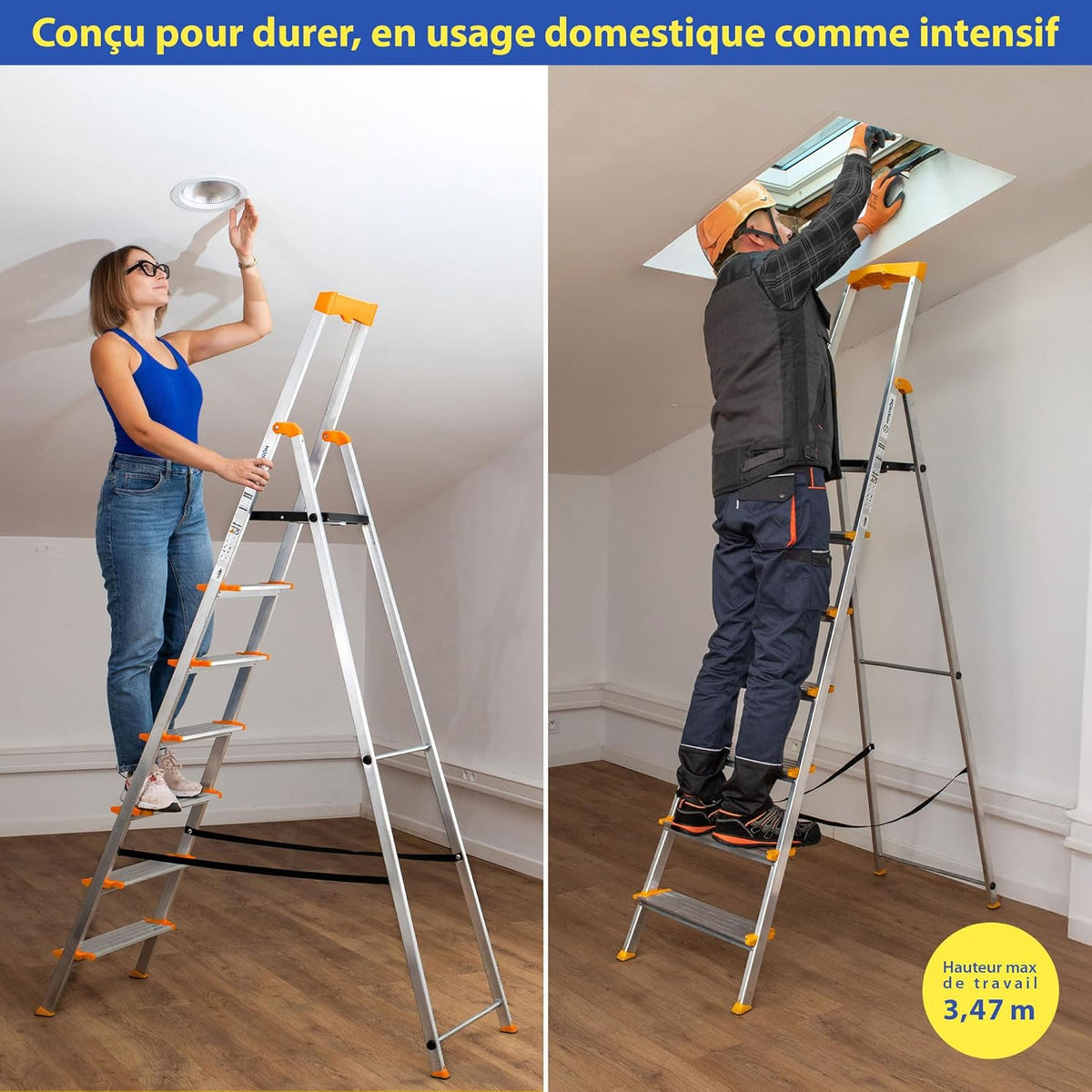HOSTROM Ladder met 7 treden van aluminium, veilige opvouwbare ladder, gereedschapshouder, extra brede treden 12 cm, voor thuisgebruik en pro