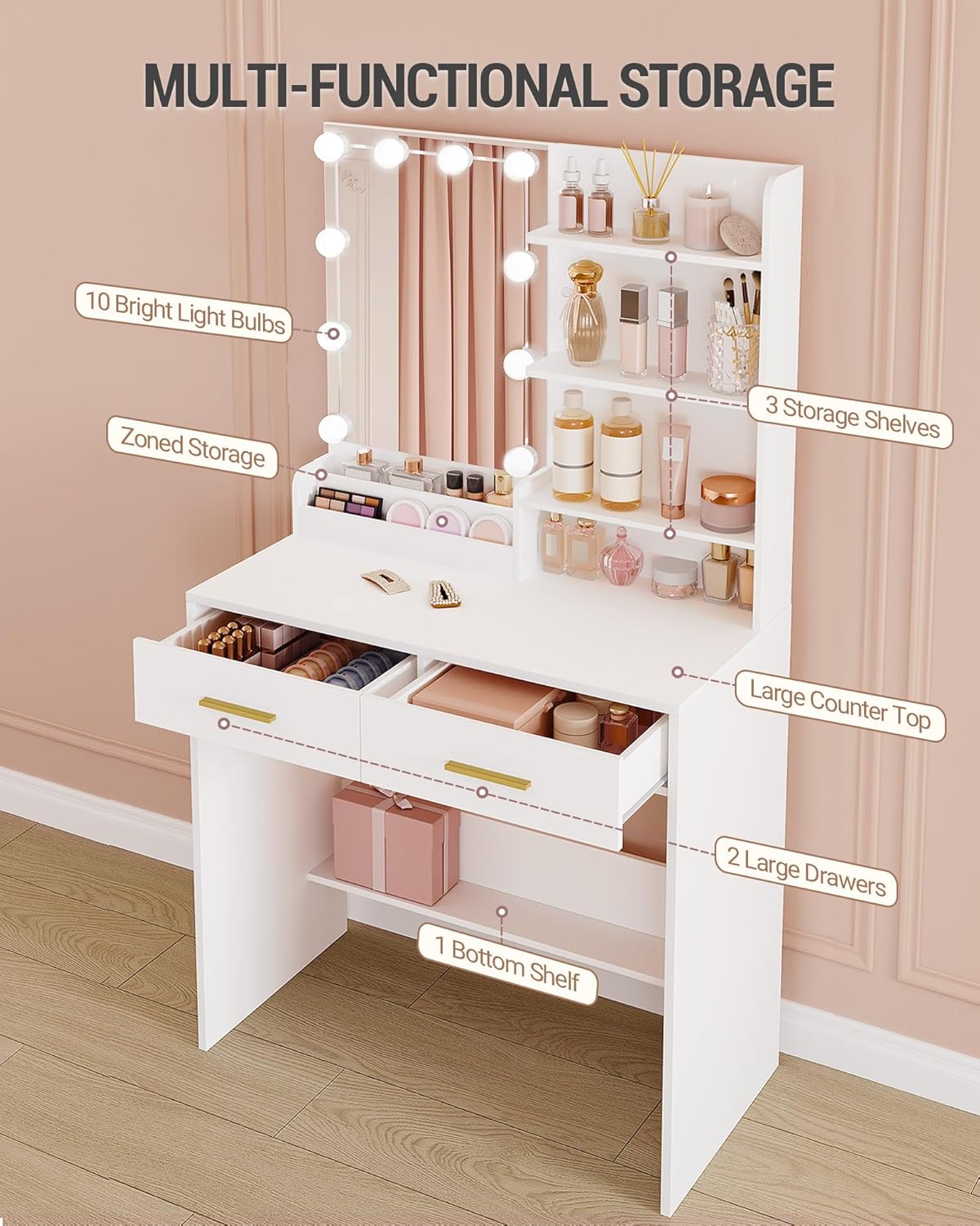 Hzuaneri Dressing Table with Mirror and 10 LED Lighting, Makeup Table with 4 Open Storage Shelves and 2 Compartments, Dressing Table with 2 Drawers, for Bedroom, Living Room, White DT39203XV1