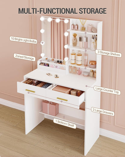 Hzuaneri Dressing Table with Mirror and 10 LED Lighting, Makeup Table with 4 Open Storage Shelves and 2 Compartments, Dressing Table with 2 Drawers, for Bedroom, Living Room, White DT39203XV1