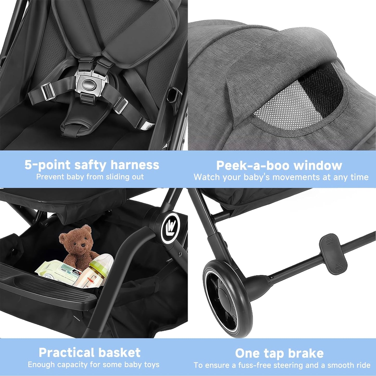 Lichtgewicht Kinderwagen, Compacte Reiskinderwagen met Verstelbare Rugleuning en Opbergmand, met Één Hand, Gemakkelijk Opvouwbare Kinderwagen voor Vliegreizen en Meer