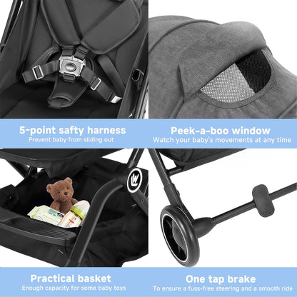 Lichtgewicht Kinderwagen, Compacte Reiskinderwagen met Verstelbare Rugleuning en Opbergmand, met Één Hand, Gemakkelijk Opvouwbare Kinderwagen voor Vliegreizen en Meer