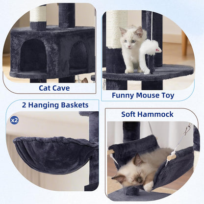 Krabpaal groot, kattenboom, grote katten, stabiel voor binnen, 200 cm, kattenkrabpaal met ruime platforms, kattenholen, hangmat, sisalzuilen, rookgrijs GCT031G