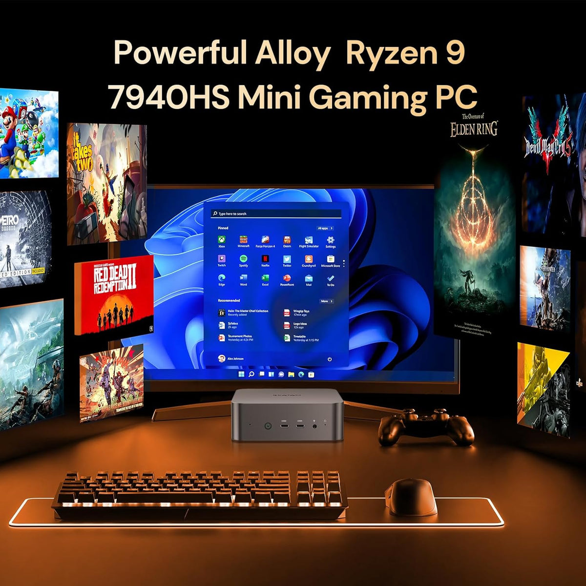 Reatan Alloy 9 Mini Gaming PC Ryzen 9 7940HS (up to 5.2GHz) 32GB DDR5 1TB SSD 5600MHz RAM, Desktop Mini Computers, Radeon 780M Graphics, Quad Display 2.5Gbps LAN, HDMI 2.1, 8K USB 4.0 Wi-Fi - QUORE