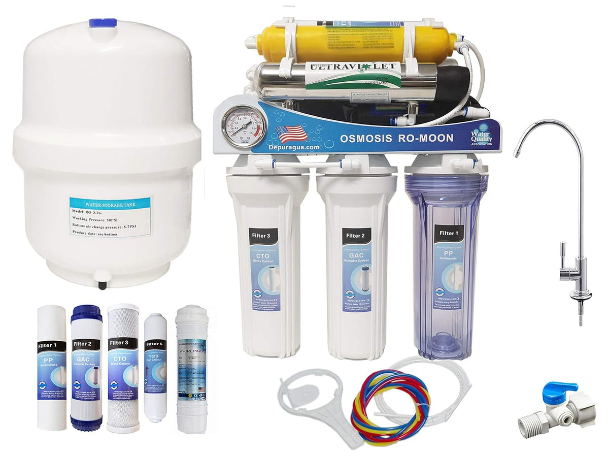 Moon UV Omgekeerde Osmose 7 Stage Pomp Manometer Remineralizer UV en Lux Tap 75 GPD Membraan