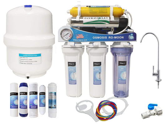 Moon UV Omgekeerde Osmose 7 Stage Pomp Manometer Remineralizer UV en Lux Tap 75 GPD Membraan