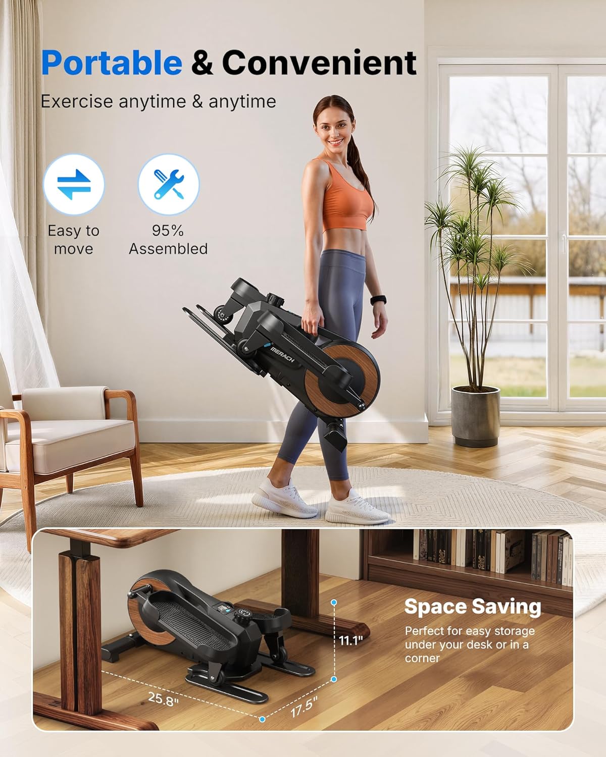 MERACH Mini Elliptical Trainer for Home, Undertable, Electric Cross Trainer with 8 Resistance Levels, Large Pedals, LCD Display, Silent and Portable for Seniors and Adults - QUORE