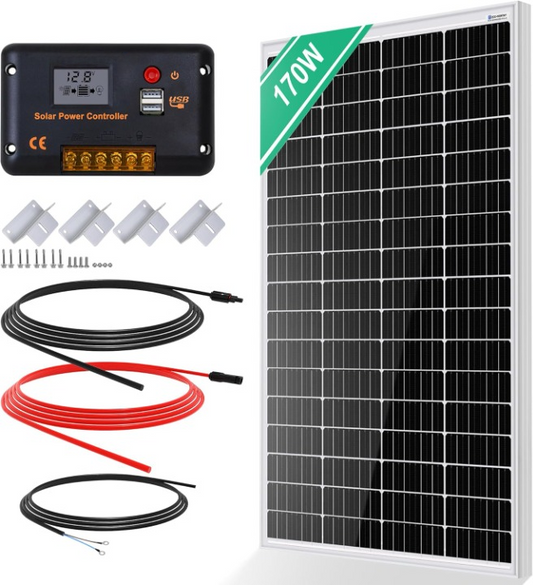 Zonnepanelen met Stekker - Zonnepaneel-Oplader - Zonnepaneel - 170W - Inc. 12V Zonnepaneel - 30A Zonne-Laadregelaar - 5m Zonnekabel - Z-Bevestigingsklemmen - voor Camping - Caravan - Huishouden - Off-grid-systeem - Noodsituatie
