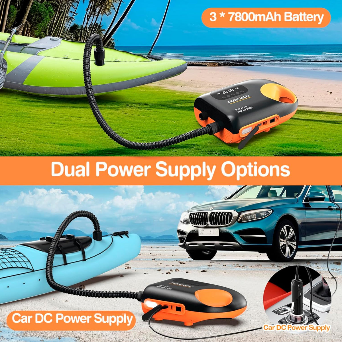 FOWAWU Sup Pomp, 20 PSI. Intelligent Dual - Stage Inflation & Deflation, Auto - Off. DC 12V Auto - Connector, Inflatable SUP Air Pump