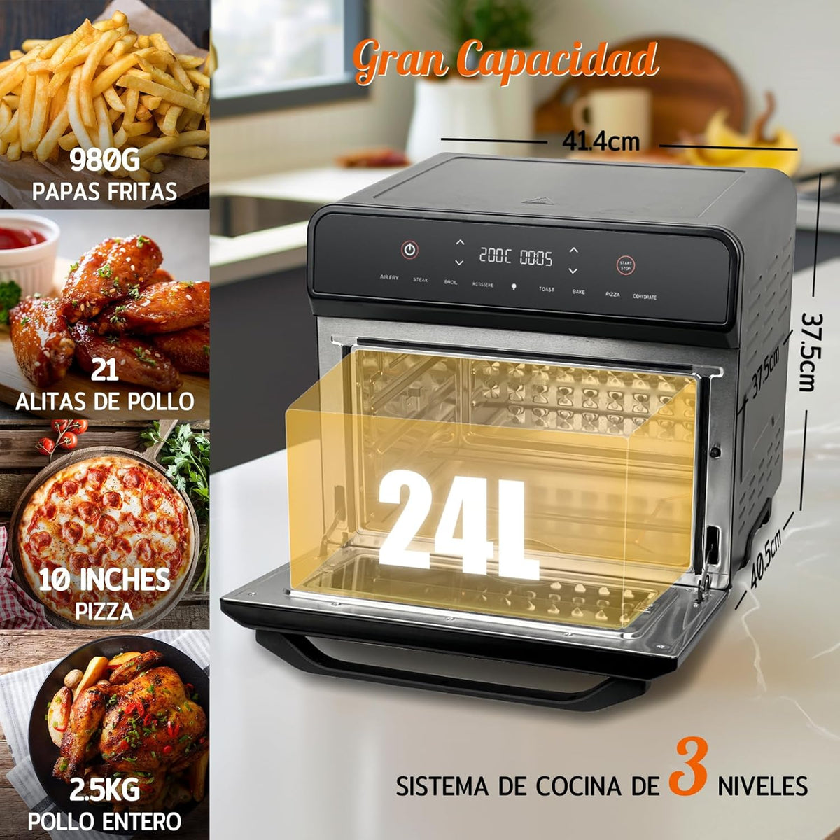 HYSapientia® 24L heteluchtfriteuse XXL, mini-oven met convectie 1800 W, mini-oven mini-oven met digitaal led-touchscreen, heteluchtoven 8 programma's, pizzaoven, airfryer XXL
