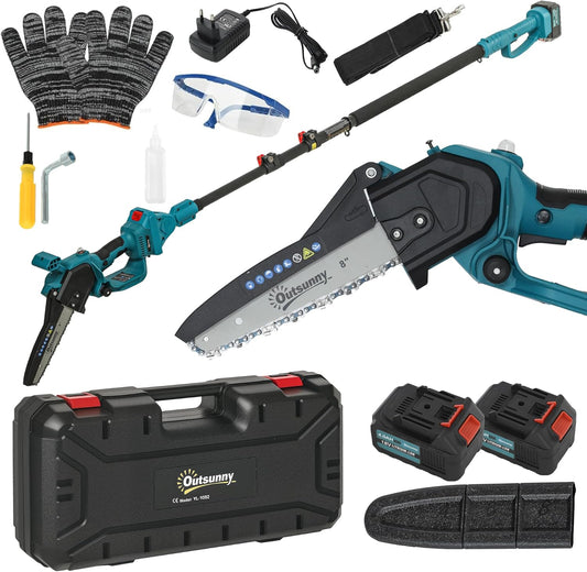 Outsunny 2-in-1 Mini Chainsaw, 580 W, Battery, 8000 mAh, Safety Lock, 8 Inches, Hand Chainsaw, Electric Motor Saw for Garden Shears, Lopper Wood Carving - QUORE
