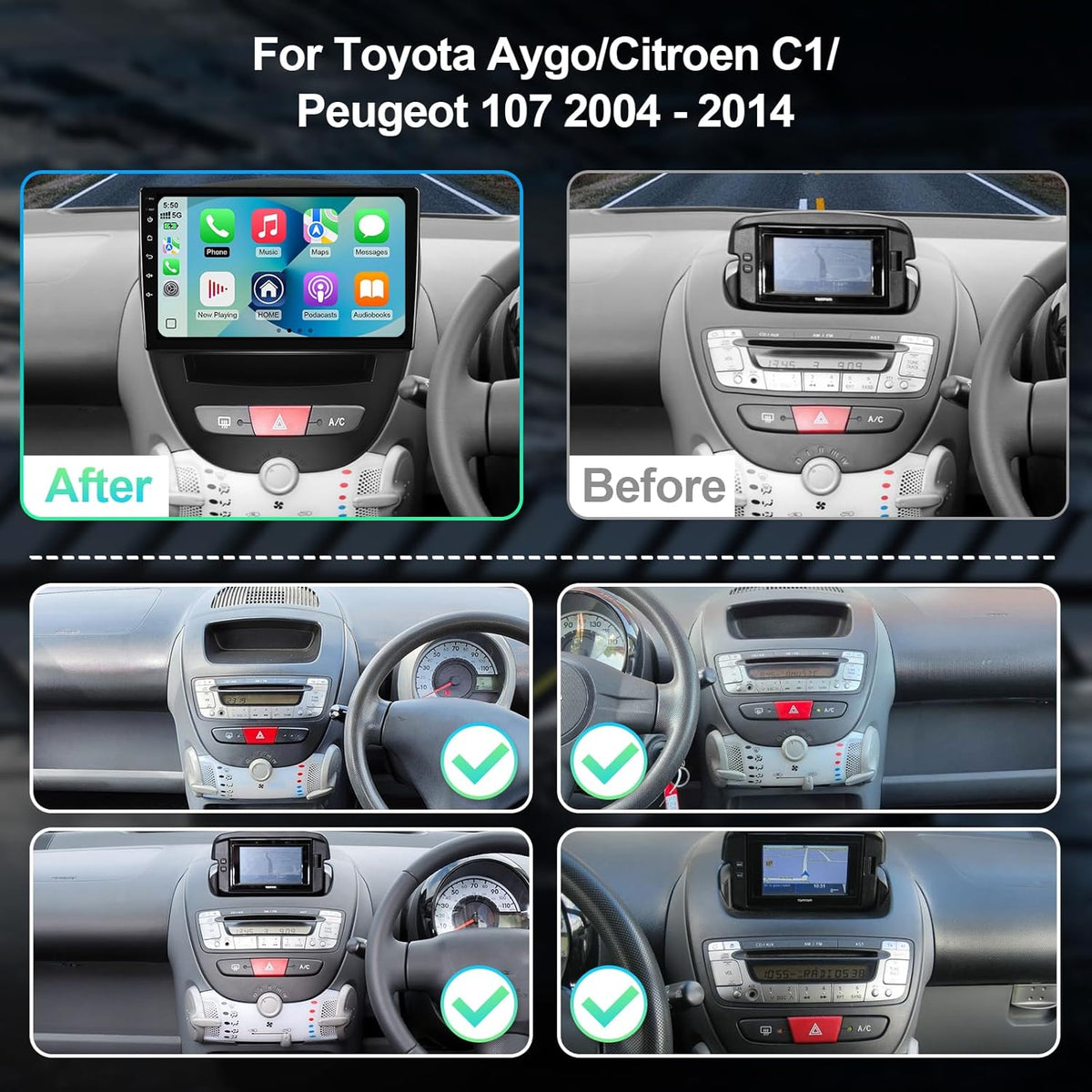 2G 64G Android 14 Car Stereo Android Multimedia Radio for Peugeot 107/Toyota Aygo/Citroen C1 2004-2014 Wireless Carplay, Android Auto GPS Navigation SWC+ Backup Camera