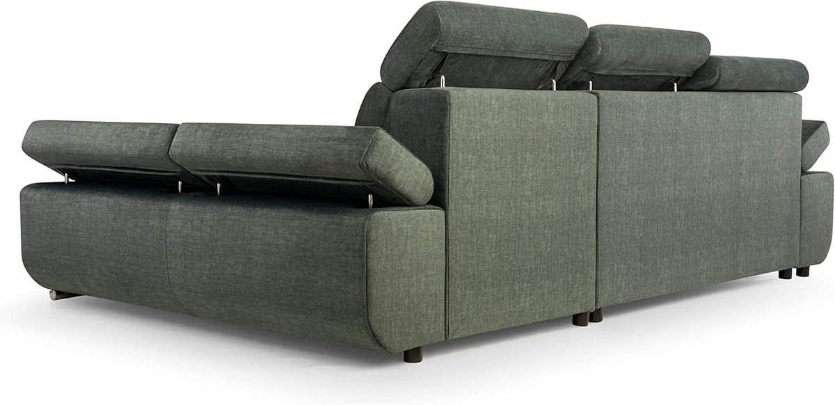 Corner Sofa with Sleeping Function and Practical Bed Drawer - Comfortable Sofa Bed L Shape 264x165cm with Movable Headrests, Folding Sofa Bianco Grey, Sofa Right - QUORE