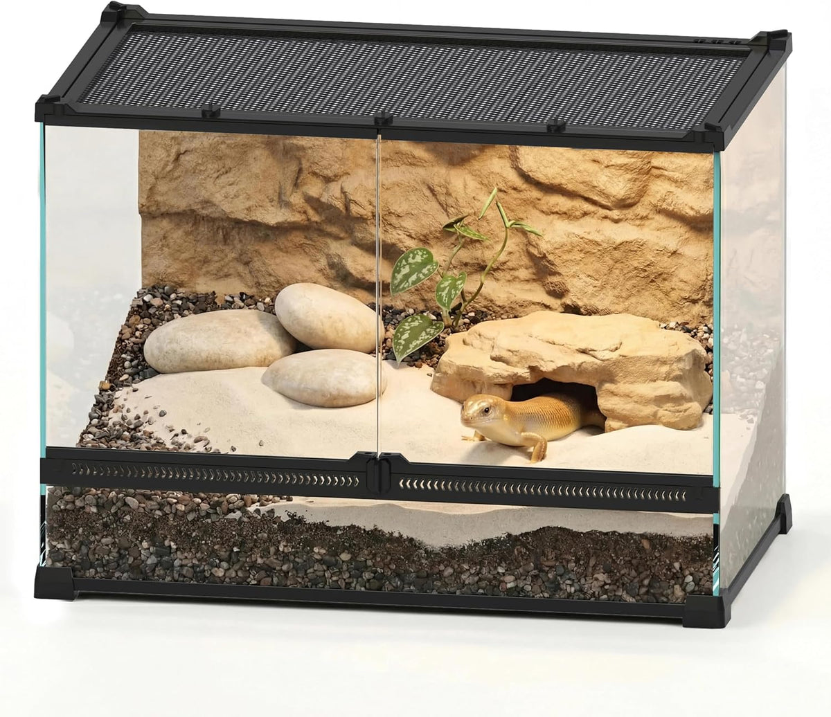 Professioneel glazen terrarium, 50 x 30 x 35 cm, duurzaam reptielen habitat tank met hittebestendig aluminium legering frame, dubbele front swingdeuren voor geen Jam van zand en andere