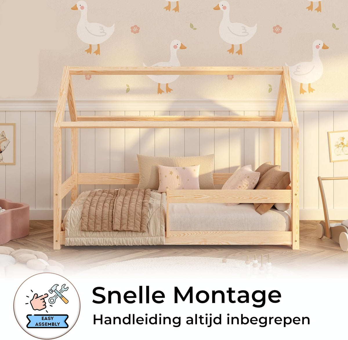 smartwood Solid Wood House Bed 90x200 - Children's Bed in Natural with Fall Protection & Slatted Base up to 230 kg - Scandinavian Design - for Boys & Girls - Easy Assembly - MILO - QUORE