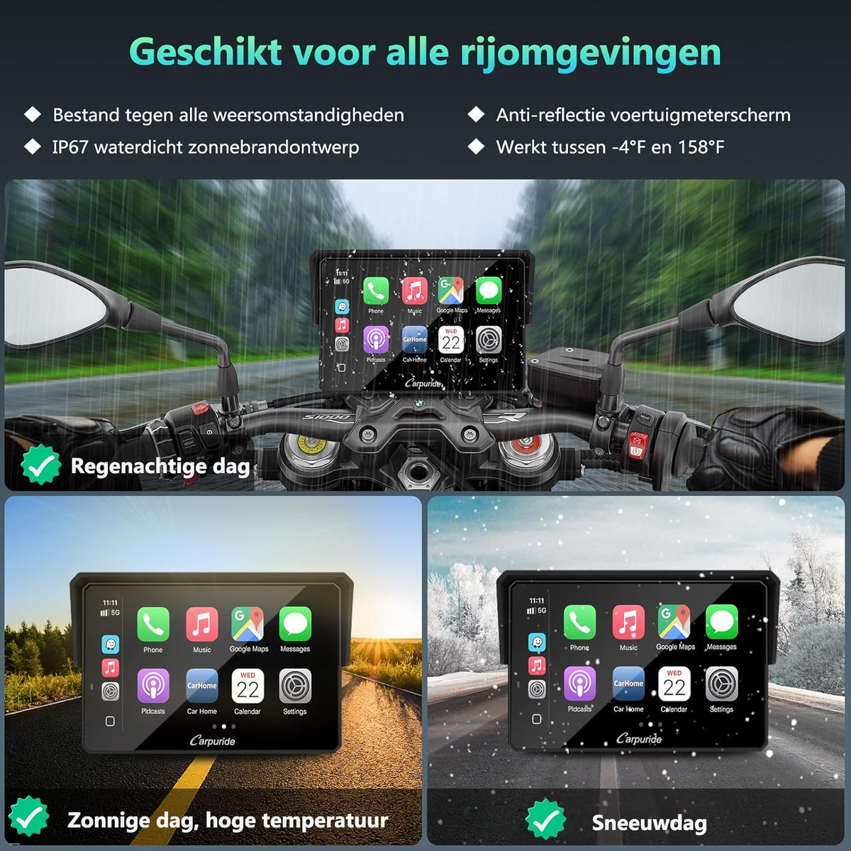 Carpuride W502BS für Motorrad CarPlay & Android Auto & Dual Bluetooth - 5 Zoll wasserdichter GPS-Navigation für Motorrad