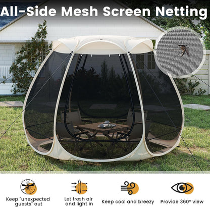 FANTASK Pop-up-tent, opvouwbaar paviljoen met rondom mesh en draagtas en zonnedak, zonnedak voor 4-6 personen, campingtent, schermhuis voor tuin, terras, achtertuin