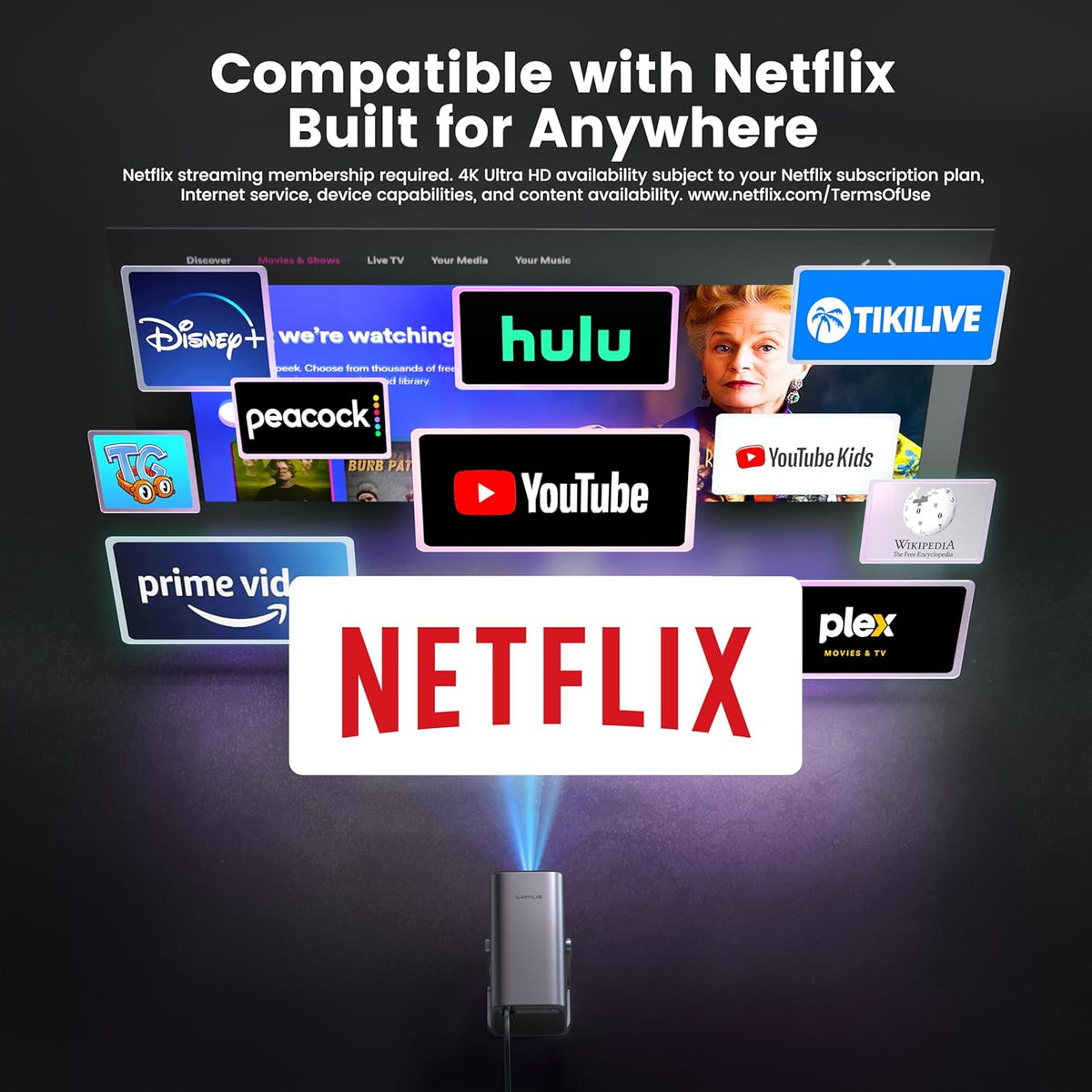 Netflix Official & Dolby Audio Smart Beamer, 4K thuisbioscoop, Full HD 1080P, 4K 600ANSI elektrische focus/auto, verticale trapeziumcorrectie, wifi6, bluetooth-beamer, outdoor, 360° draaibaar