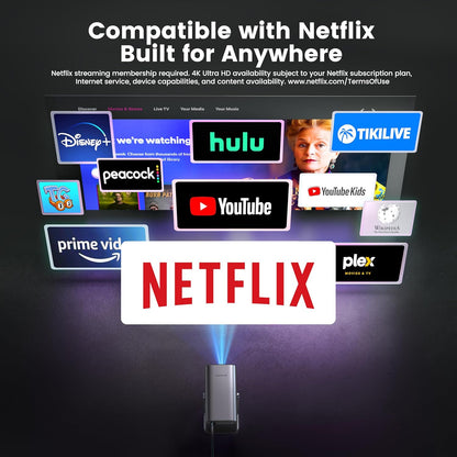 Netflix Official & Dolby Audio Smart Beamer, 4K thuisbioscoop, Full HD 1080P, 4K 600ANSI elektrische focus/auto, verticale trapeziumcorrectie, wifi6, bluetooth-beamer, outdoor, 360° draaibaar