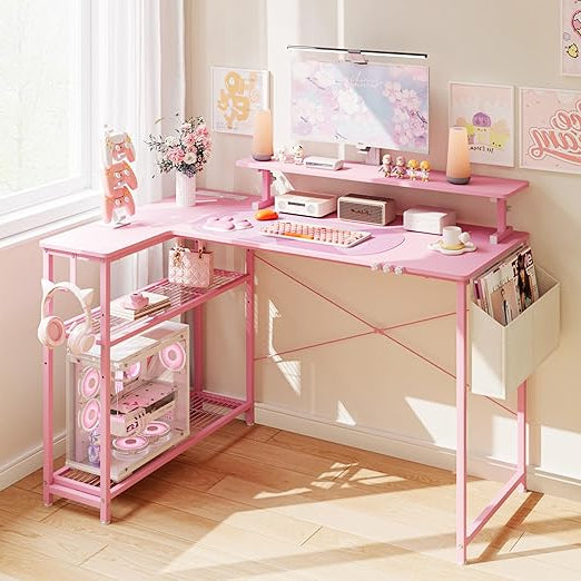 Dowinx Cute Gaming Desk Gaming Computer Table with Carbon Fiber Surface Home Office Desk PC Workstation with Cup Holder and Headphone Hook 100x50cm Pink - QUORE