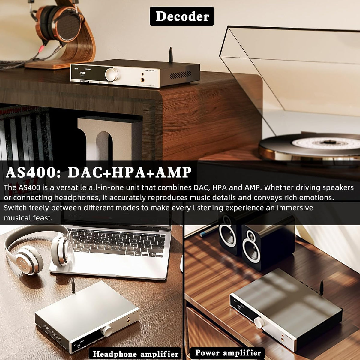 SMSL AS400 versterker DAC hoofdtelefoonversterker 165 W x2 2.1 kanalen MA5332MS MM Phono Amp Bluetooth 5.1 CS43131 MQA CD DAC voorversterker 4,4 mm / 6,35 mm RCA/BT/USB/Opt/Coax/Phono
