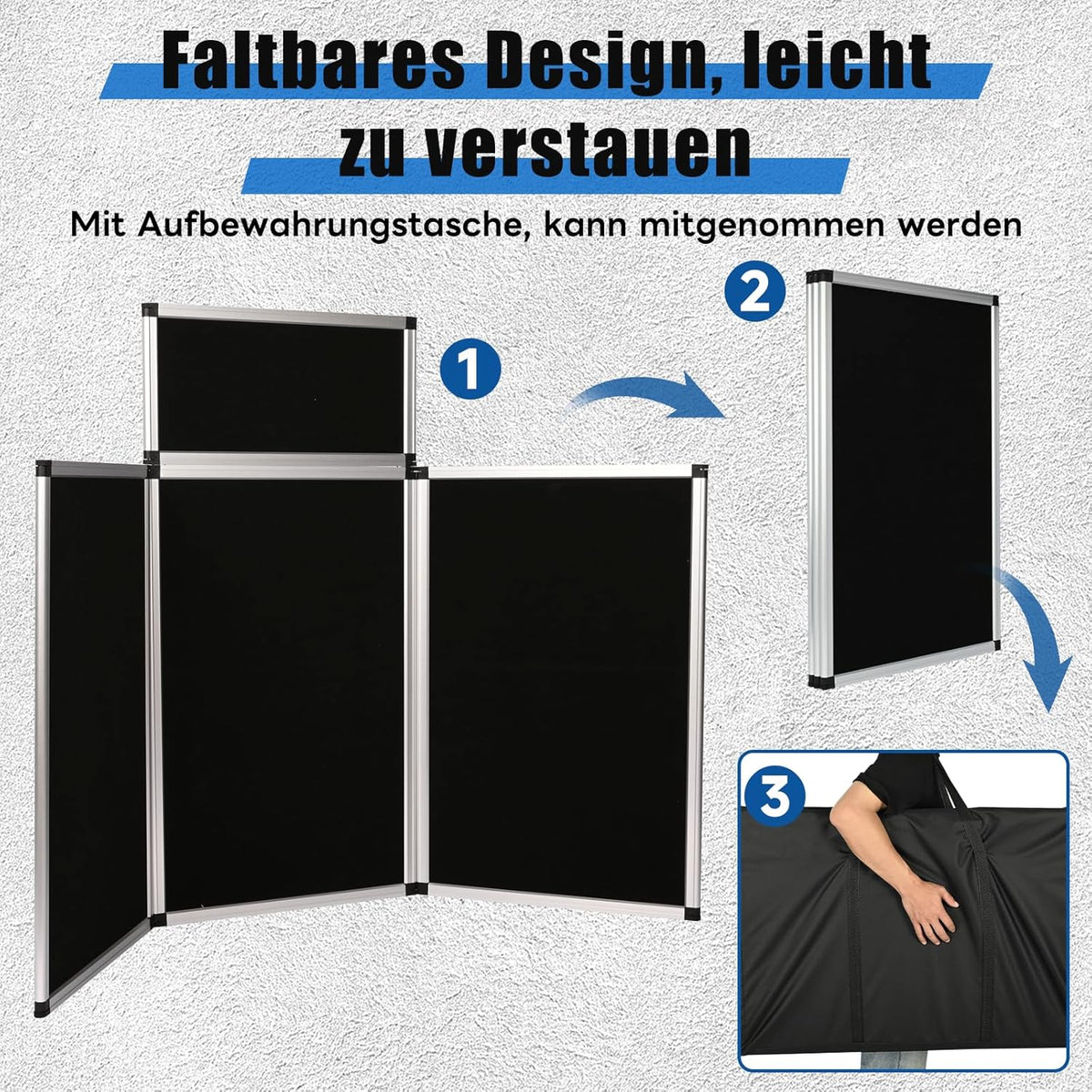 Presentatiebord, 3 + 1 paneel, groot opvouwbaar presentatiebord, 180 x 90 cm, drievoudig gevouwen presentatiebord, display voor beurzen, tafeldisplays, zwart, 180 x 90 cm
