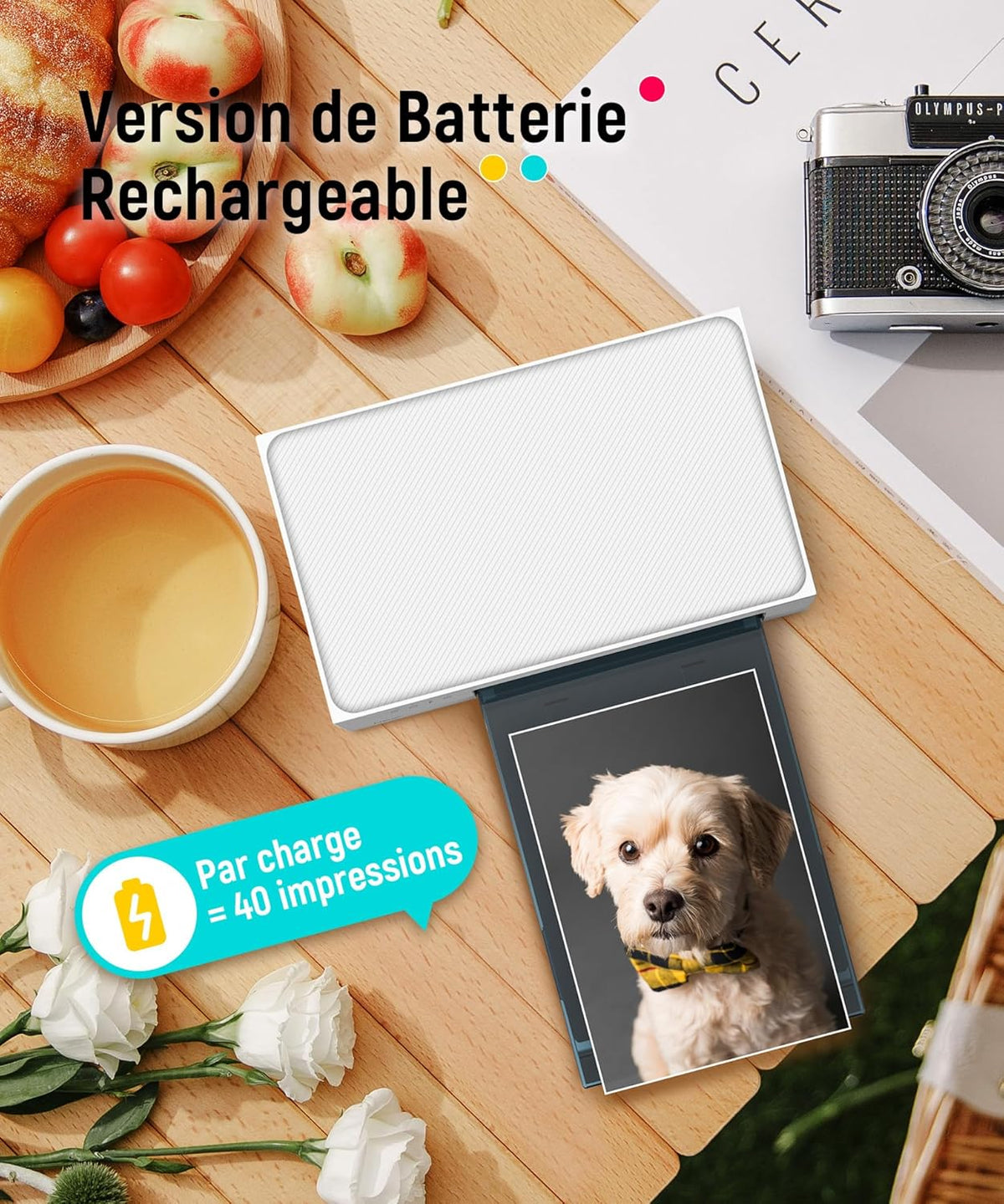 Liene Amber M200 Photo Printer Smartphone with Rechargeable Battery, WiFi 10 x 15 cm, 20 Photo Papers and 1 Cartridge, 300 DPI, Colour Sublimation, Instant Printer, Mobile Printer for Travel/Home Use - QUORE